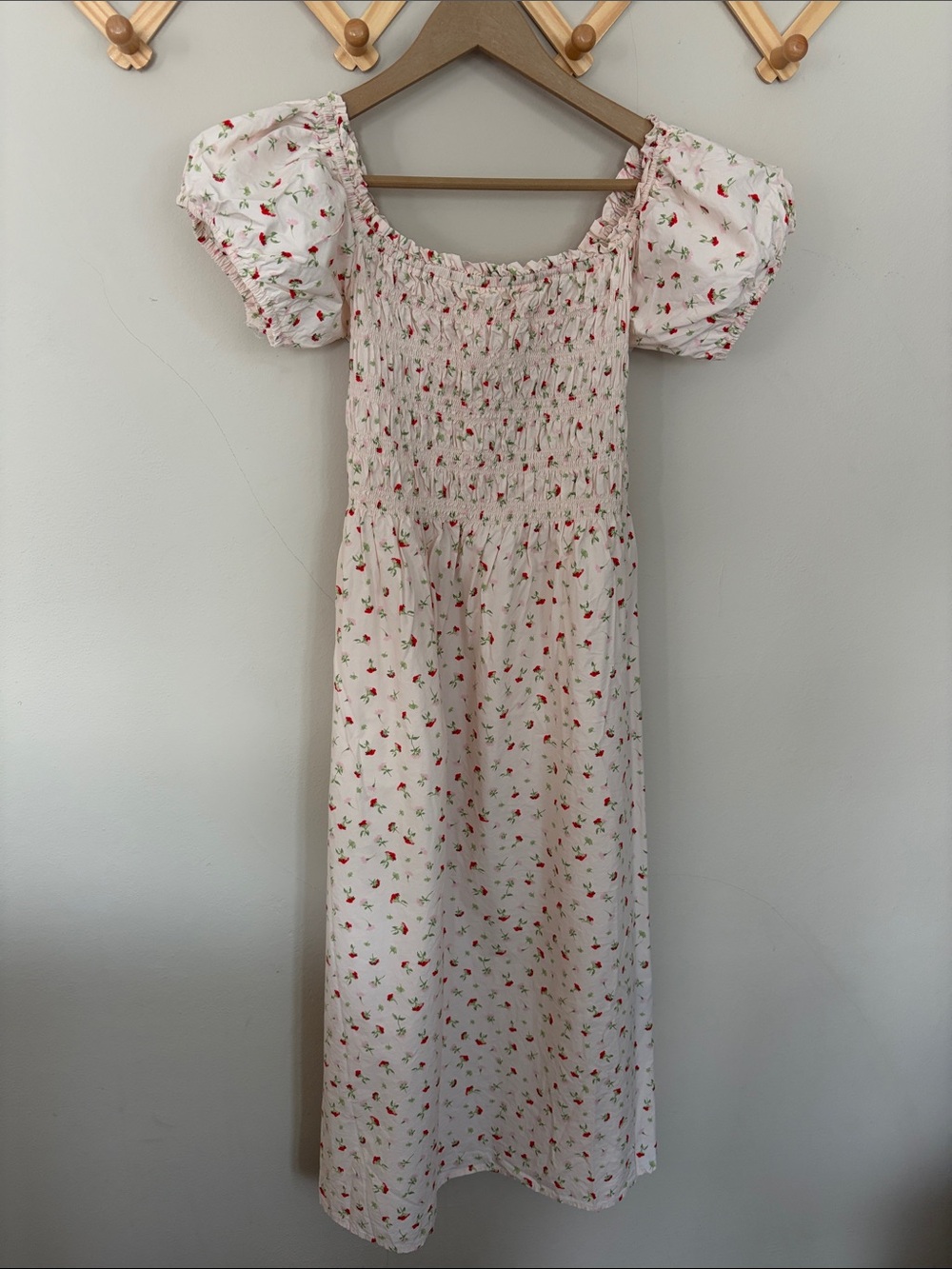 Pale pink Floral Smocked Puff-Sleeve Dress with red and pink flowers